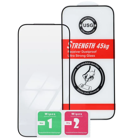 OEM Ultra Strong 45KG Screen Protector for Apple iPhone 17e / 16e / 14 / 13 Pro, Tempered Glass, Full Glue, 2.5D, Black