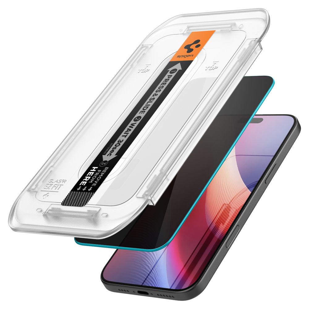 Zaščitna folija za zaslon Privacy Spigen GlastR EZ FIT za Apple iPhone 17 Pro / 17 / 16 Pro, Kaljeno steklo, Polno lepljenje, Komplet 2 kosa AGL07929
