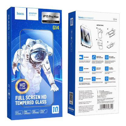 Zaščitna folija za zaslon HOCO G14 za Apple iPhone 15 Pro Max, Kaljeno steklo, Polno lepljenje, Set 10 kosov, 5D, Črna