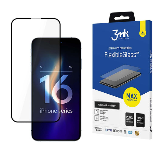 Zaščitna folija za zaslon 3MK FlexibleGlass Max za Apple iPhone 16 Pro, fleksibilno steklo, polno lepilo, črna