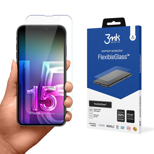 Zaščitna folija za zaslon 3MK FlexibleGlass za Apple iPhone 15, fleksibilno steklo, polno lepilo
