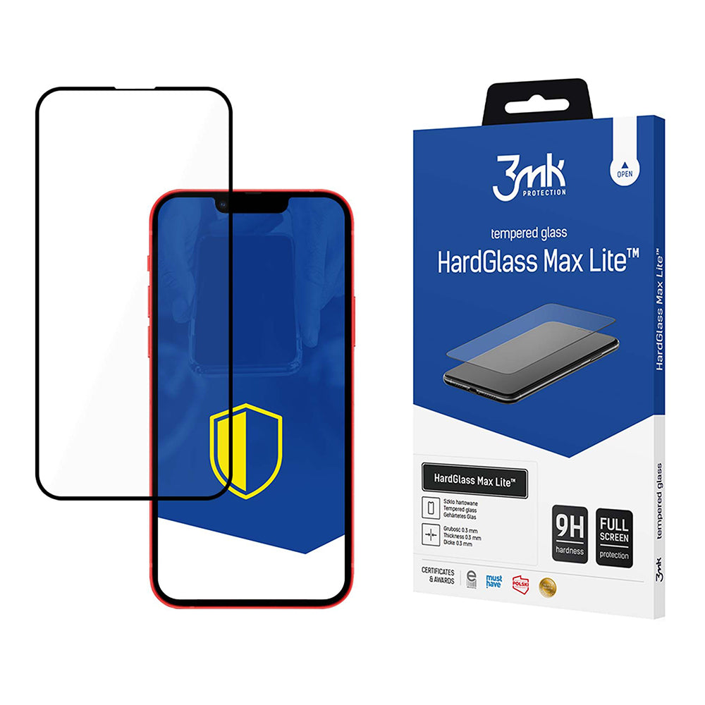 Zaščitna folija za zaslon 3MK HardGlass Max Lite za Apple iPhone 17e / 16e / 14 / 13 Pro, varnostno steklo, polno lepilo, črna