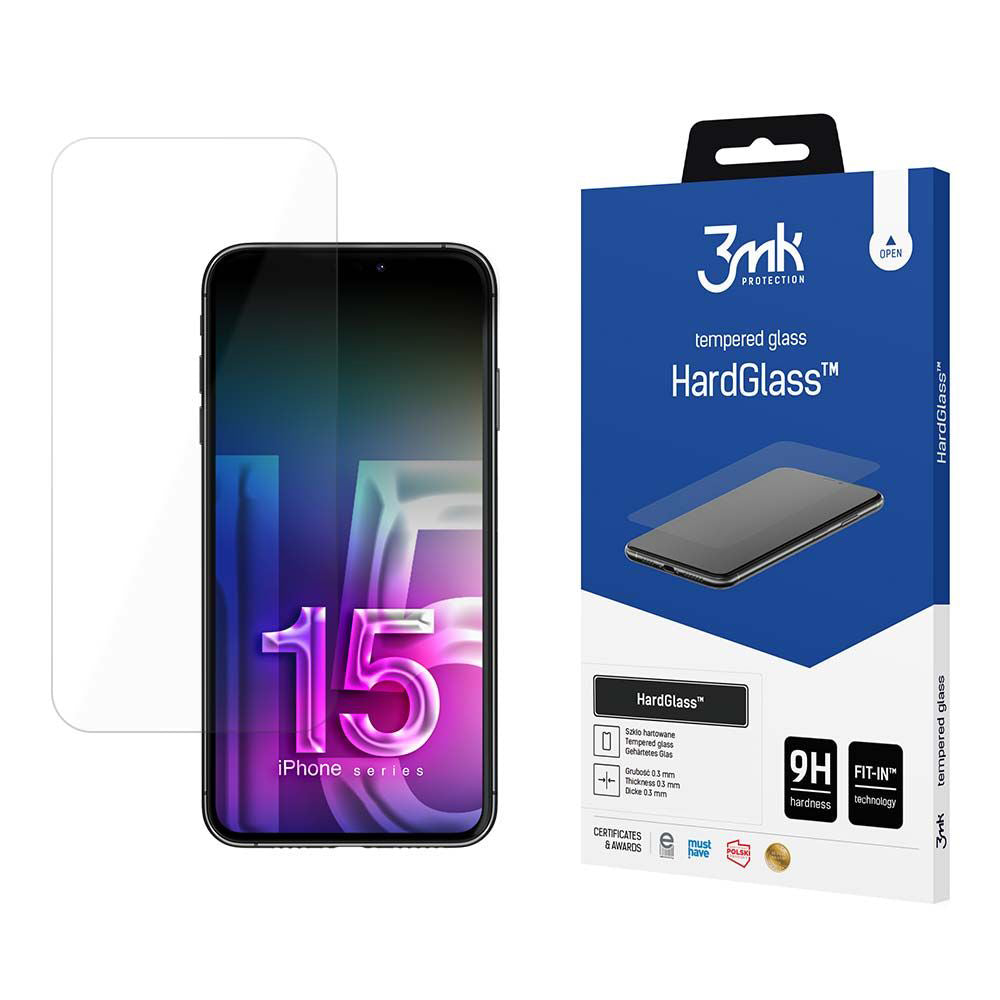 Zaščitna folija za zaslon 3MK HardGlass za Apple iPhone 15, kaljeno steklo, polno lepilo