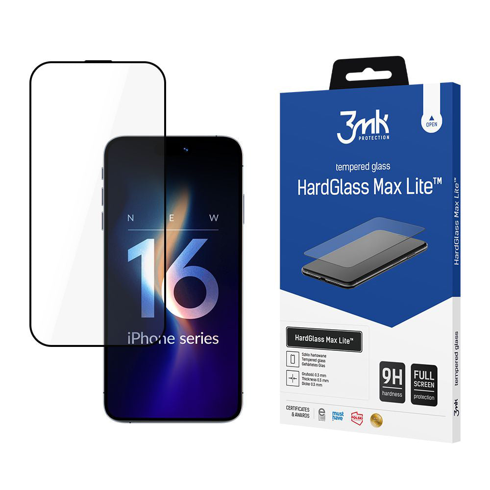 3MK HardGlass Screen Protector for Apple iPhone 16 Pro Max, Tempered Glass, Full Glue, Black