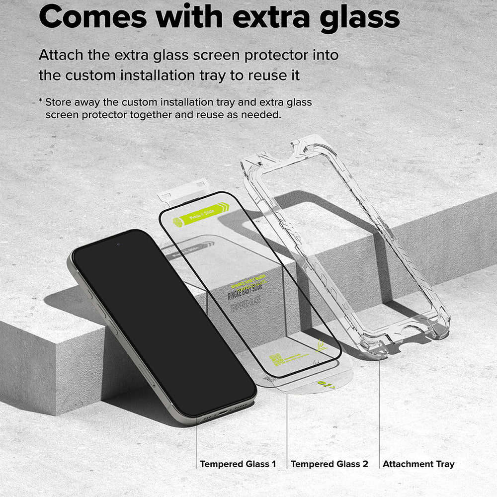 Ringke Easy Slide Screen Protector for Apple iPhone 16 Plus / 15 Plus, Glass Shielded, Full Glue, Set 2 pieces, Black