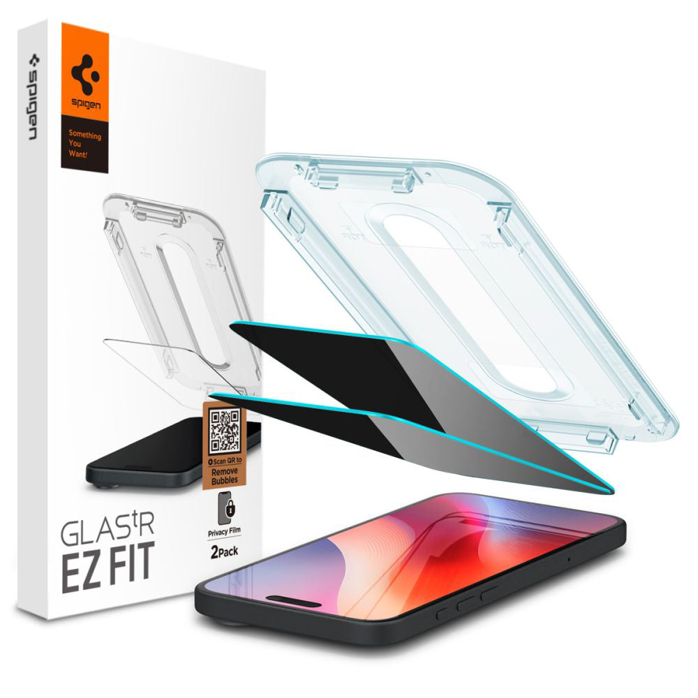 Zaščitna folija za zaslon Privacy Spigen GlastR EZ FIT za Apple iPhone 16 / 15, Kaljeno steklo, Polno lepilo, Komplet 2 kosa AGL06905