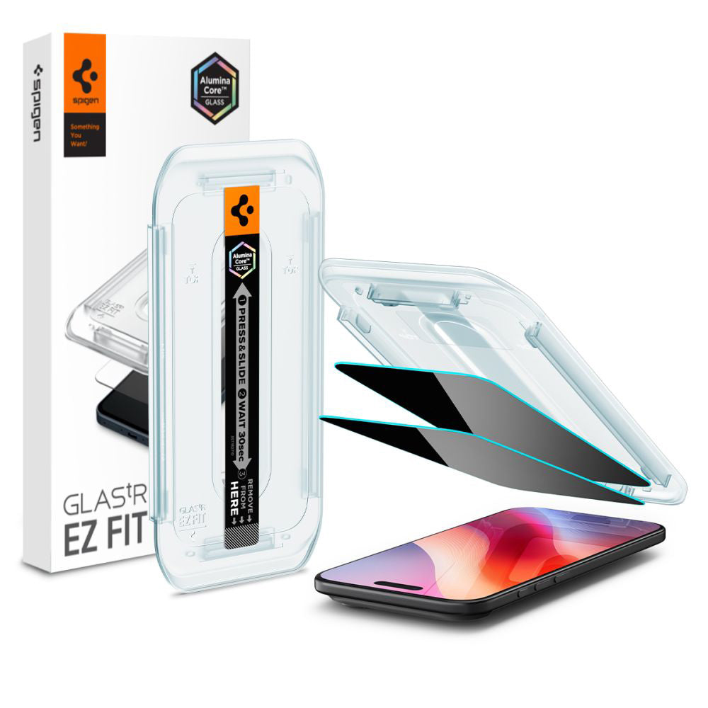 Zaščitna folija za zaslon Privacy Spigen GlastR EZ FIT za Apple iPhone 17 Air, Kaljeno steklo, Polno lepilo, Komplet 2 kosa