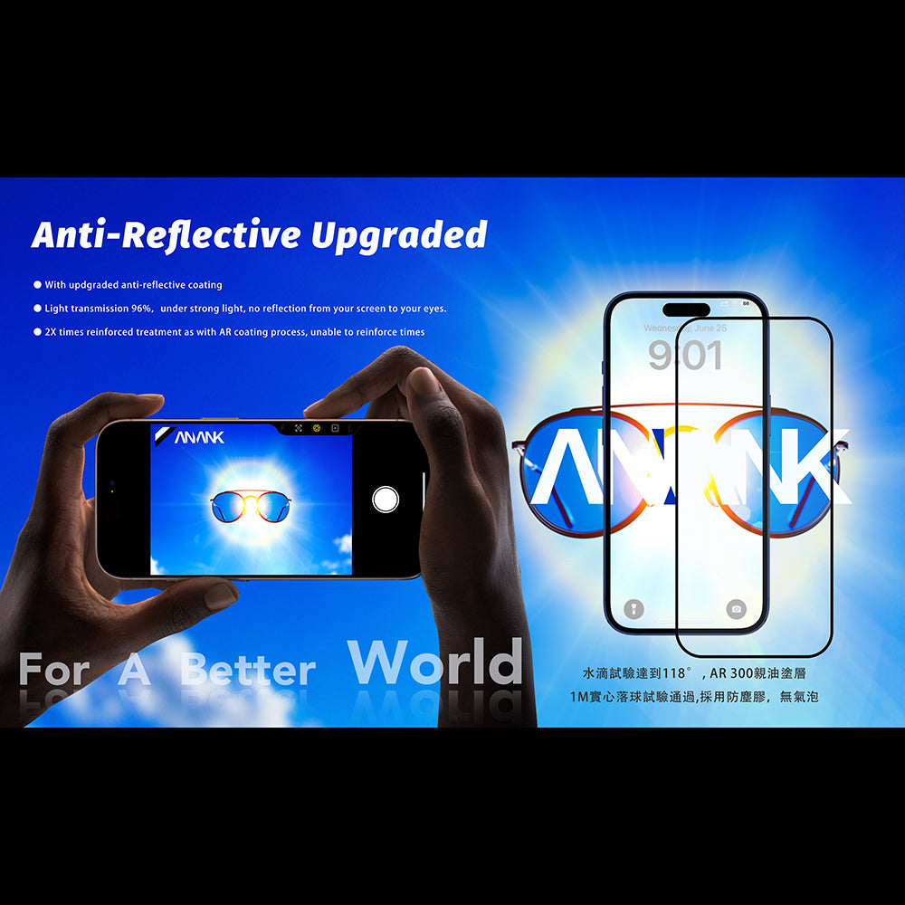Zaščitna folija za zaslon Anank Anti Reflection za Apple iPhone 17 Pro Max, Kaljeno steklo, Polno lepilo, 2.5D, Črna