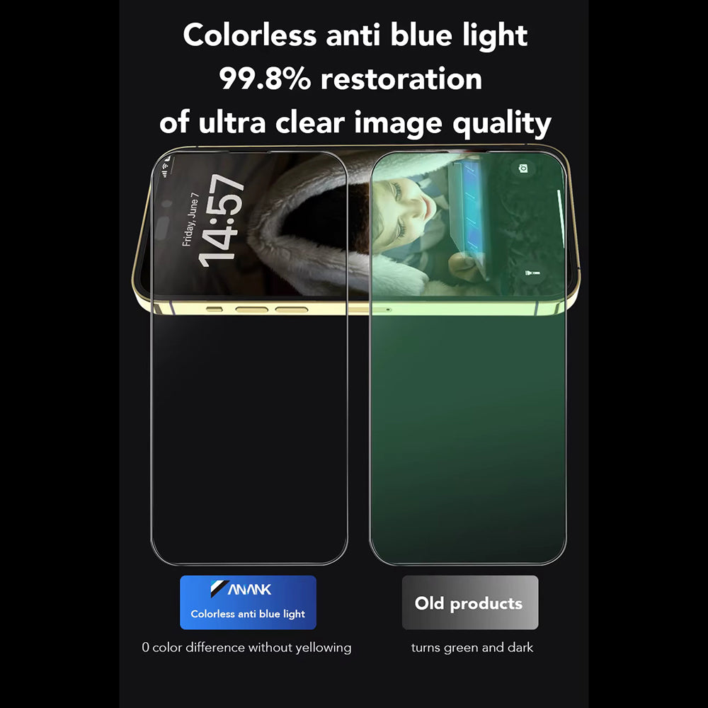 Anank 3X Reinforced Anti Blue Light Screen Protector for Apple iPhone 16, Tempered Glass, Full Glue, 2.5D, Black