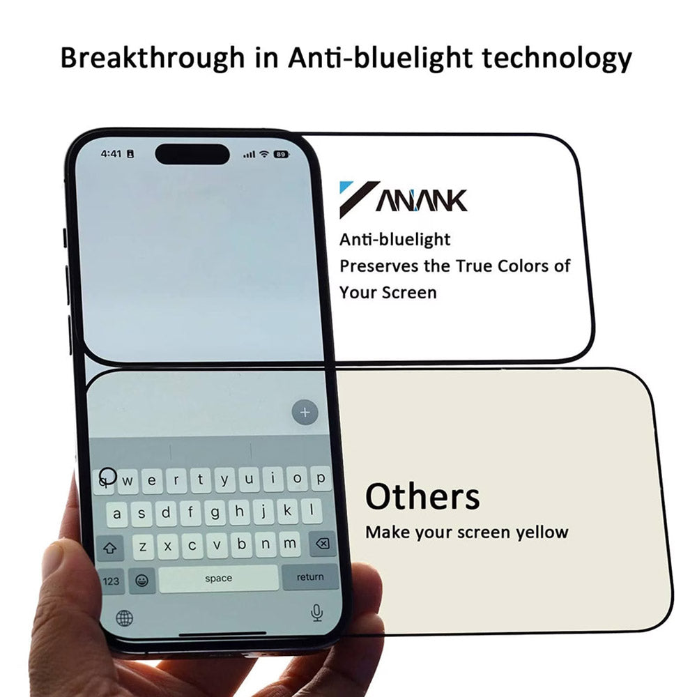 Anank Anti Blue Light Screen Protector for Apple iPhone 17e / 16e / 14 / 13 Pro, Tempered Glass, Full Glue, 2.5D, Black