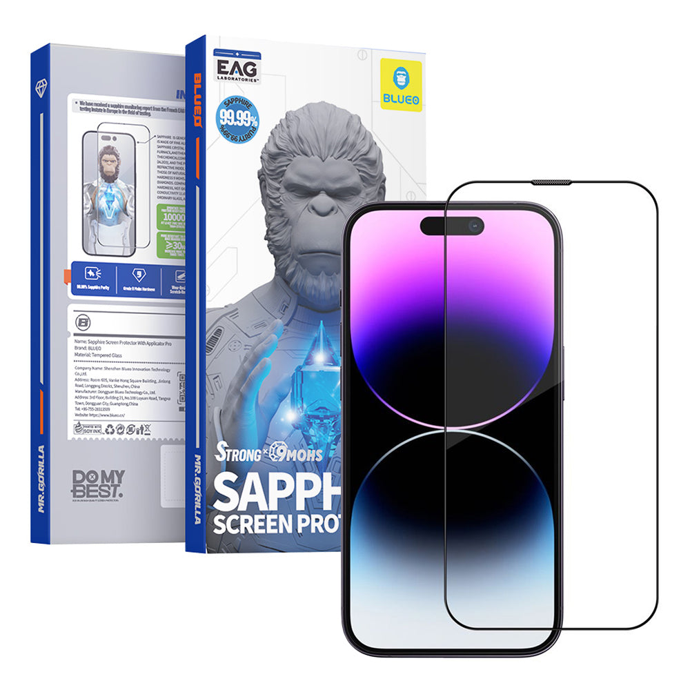 Zaščitna folija za zaslon Blueo Sapphire Applicator Pro za Apple iPhone 15 Pro, kaljeno steklo, polno lepilo, črna