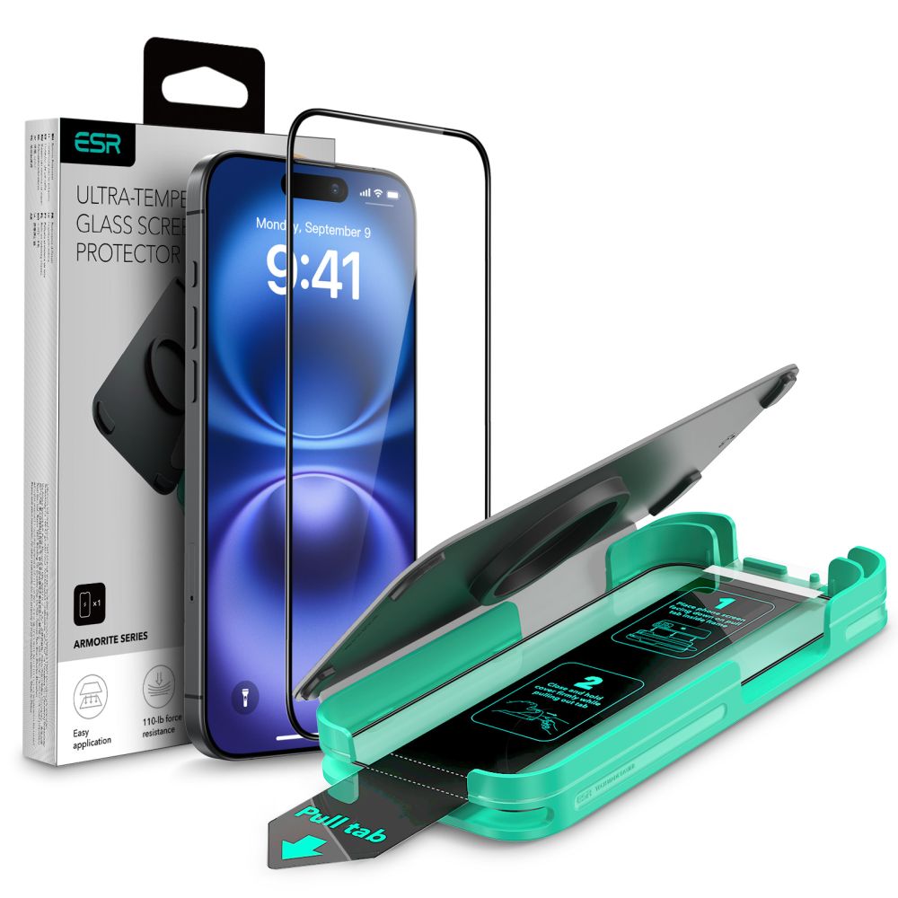 Zaščitna folija za zaslon ESR Armorite za Apple iPhone 16 Plus / 15 Plus, Kaljeno steklo, Polno lepljenje, Črna