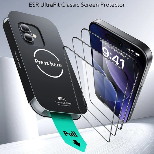 Zaščitna folija za zaslon ESR UltraFit za Apple iPhone 17 / 16 Pro, Kaljeno steklo, Polno lepljenje, Set 3 kosi