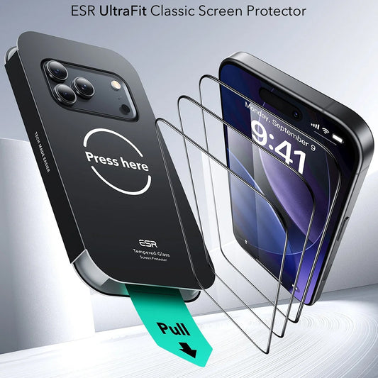 Zaščitna folija ESR UltraFit za zaslon Apple iPhone 17 Pro, Kaljeno steklo, Polno lepljenje, Set 3 kosi
