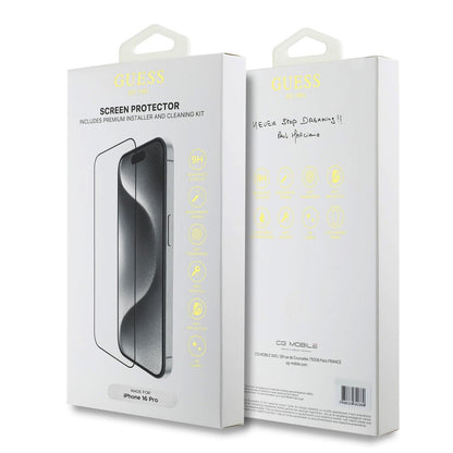 Zaščitna folija za zaslon Guess Classic Outline za Apple iPhone 16 Pro, Kaljeno steklo, Full Glue, 2.5D, Črna GUTGP16LBOKGCIT