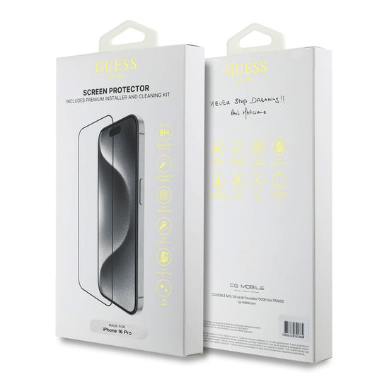 Zaščitna folija za zaslon Guess Classic Outline za Apple iPhone 16, Kaljeno steklo, Full Glue, 2.5D, Črna GUTGP16SBOKGCIT