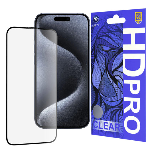 Zaščitna folija za zaslon Lito HD Pro Clear za Apple iPhone 15 Pro, kaljeno steklo, polno lepilo, črna