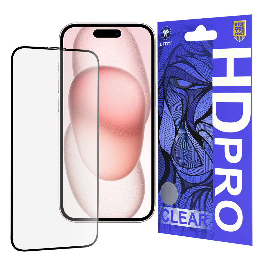Zaščitna folija za zaslon Lito HD Pro Clear za Apple iPhone 15, kaljeno steklo, polno lepilo, črna