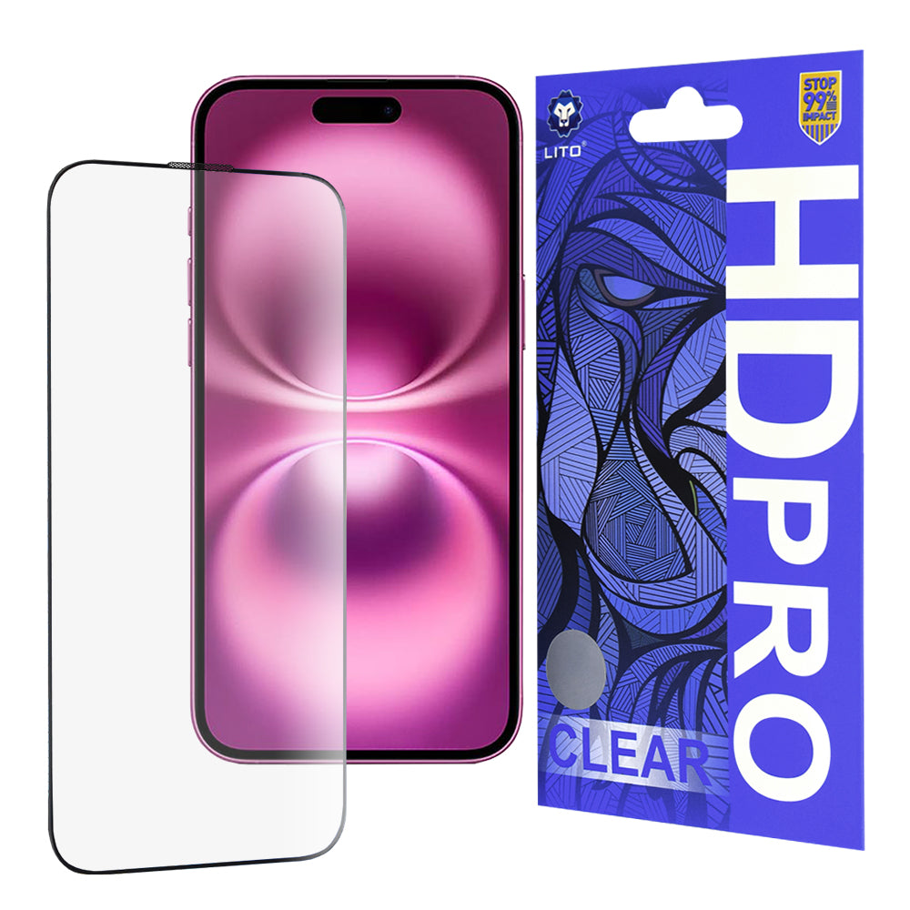 Zaščitna folija za zaslon Lito HD Pro Clear za Apple iPhone 16 Plus, kaljeno steklo, polno lepilo, črna