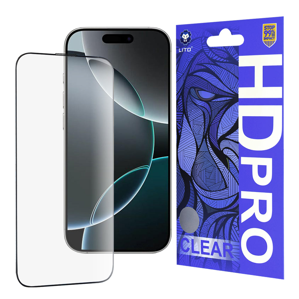 Lito HD Pro Clear Screen Protector for Apple iPhone 16 Pro, Tempered Glass, Full Glue, Black