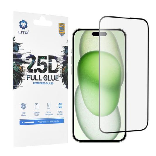 Zaščitna folija za zaslon Lito za Apple iPhone 15 Plus, kaljeno steklo, polno lepilo, 2.5D, črna