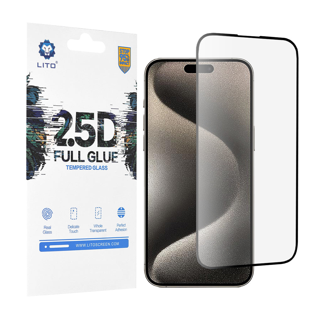Zaščitna folija za zaslon Lito za Apple iPhone 15 Pro Max, kaljeno steklo, polno lepilo, 2.5D, črna