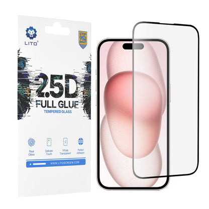 Zaščitna folija za zaslon Lito za Apple iPhone 15, kaljeno steklo, polno lepilo, 2.5D, črna