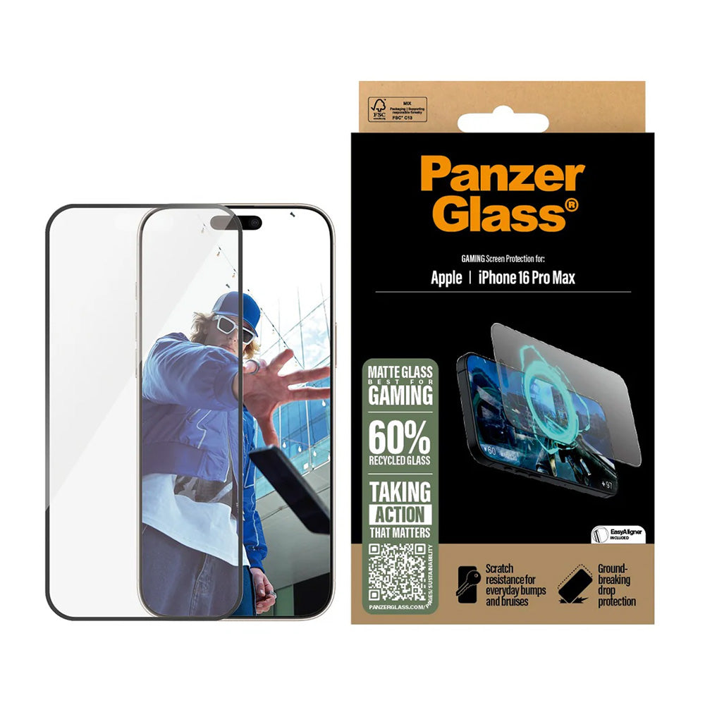 Zaščitna folija za zaslon Matte PanzerGlass Ultra-Wide Fit Gaming za Apple iPhone 16 Pro Max, Kaljeno steklo, Polno lepljenje, Črna