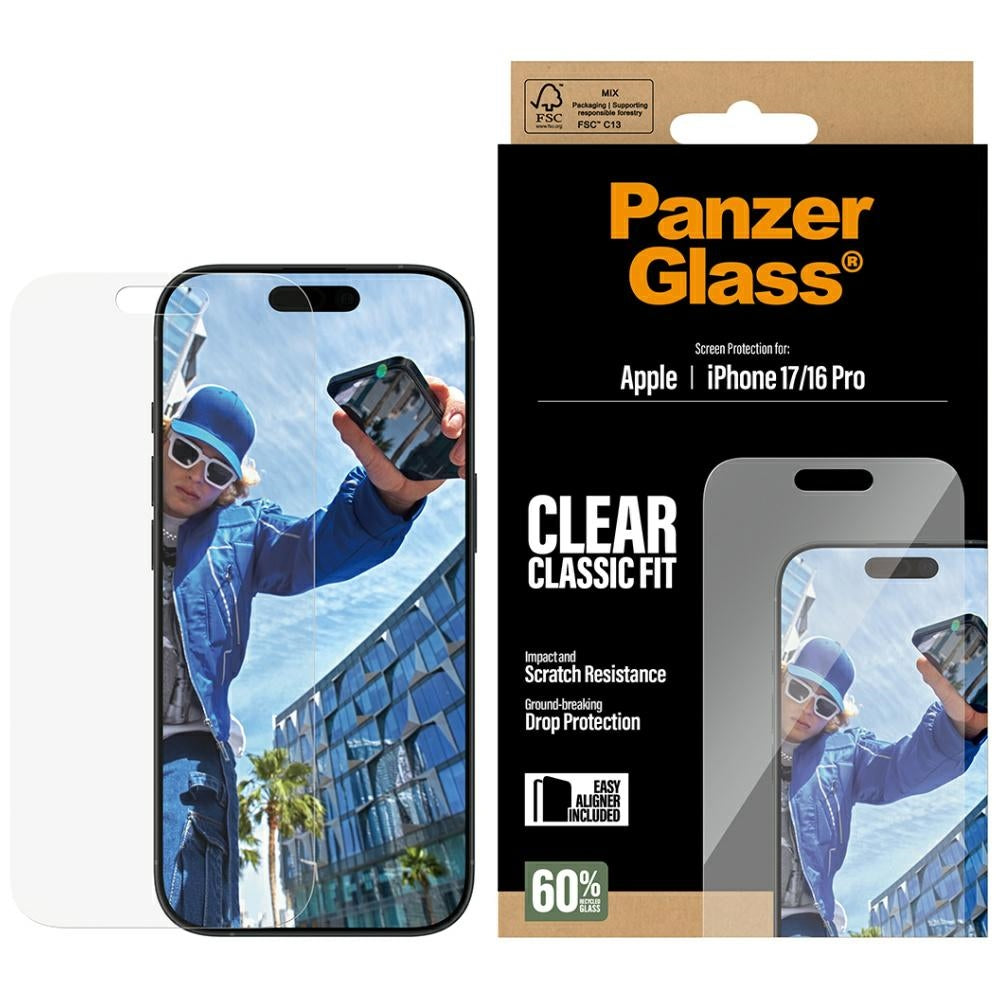 Zaščitna folija za zaslon PanzerGlass Classic Fit EasyAligner za Apple iPhone 17 / 16 Pro, Kaljeno steklo, Polno lepilo