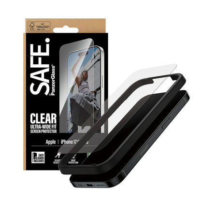 Zaščitna folija za zaslon PanzerGlass Safe. Ultra-Wide Fit EasyAligner za Apple iPhone 17 / 16 Pro, Kaljeno steklo, Full Glue.
