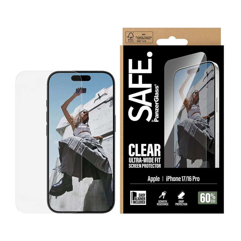 Zaščitna folija za zaslon PanzerGlass Safe. Ultra-Wide Fit EasyAligner za Apple iPhone 17 / 16 Pro, Kaljeno steklo, Full Glue.