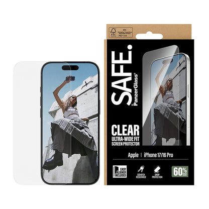 Zaščitna folija za zaslon PanzerGlass Safe. Ultra-Wide Fit EasyAligner za Apple iPhone 17 / 16 Pro, Kaljeno steklo, Full Glue.
