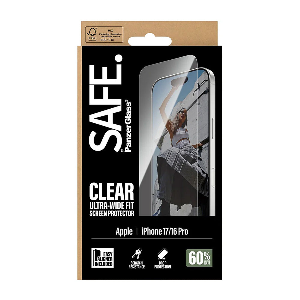 Zaščitna folija za zaslon PanzerGlass Safe. Ultra-Wide Fit EasyAligner za Apple iPhone 17 / 16 Pro, Kaljeno steklo, Full Glue.