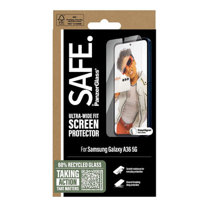 Zaščitna folija za zaslon PanzerGlass Safe. Ultra-Wide Fit EasyAligner za Samsung Galaxy A36 A366, Kaljeno steklo, Full Glue