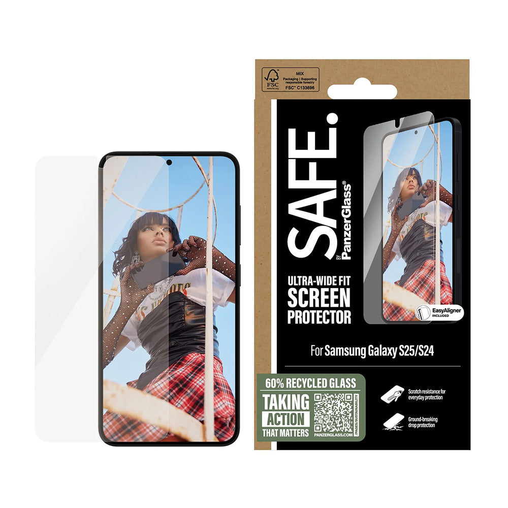 Zaščitna folija za zaslon PanzerGlass Safe. Ultra-Wide Fit EasyAligner za Samsung Galaxy S25 S931 / S24 S921, Kaljeno steklo, Polno lepljenje.