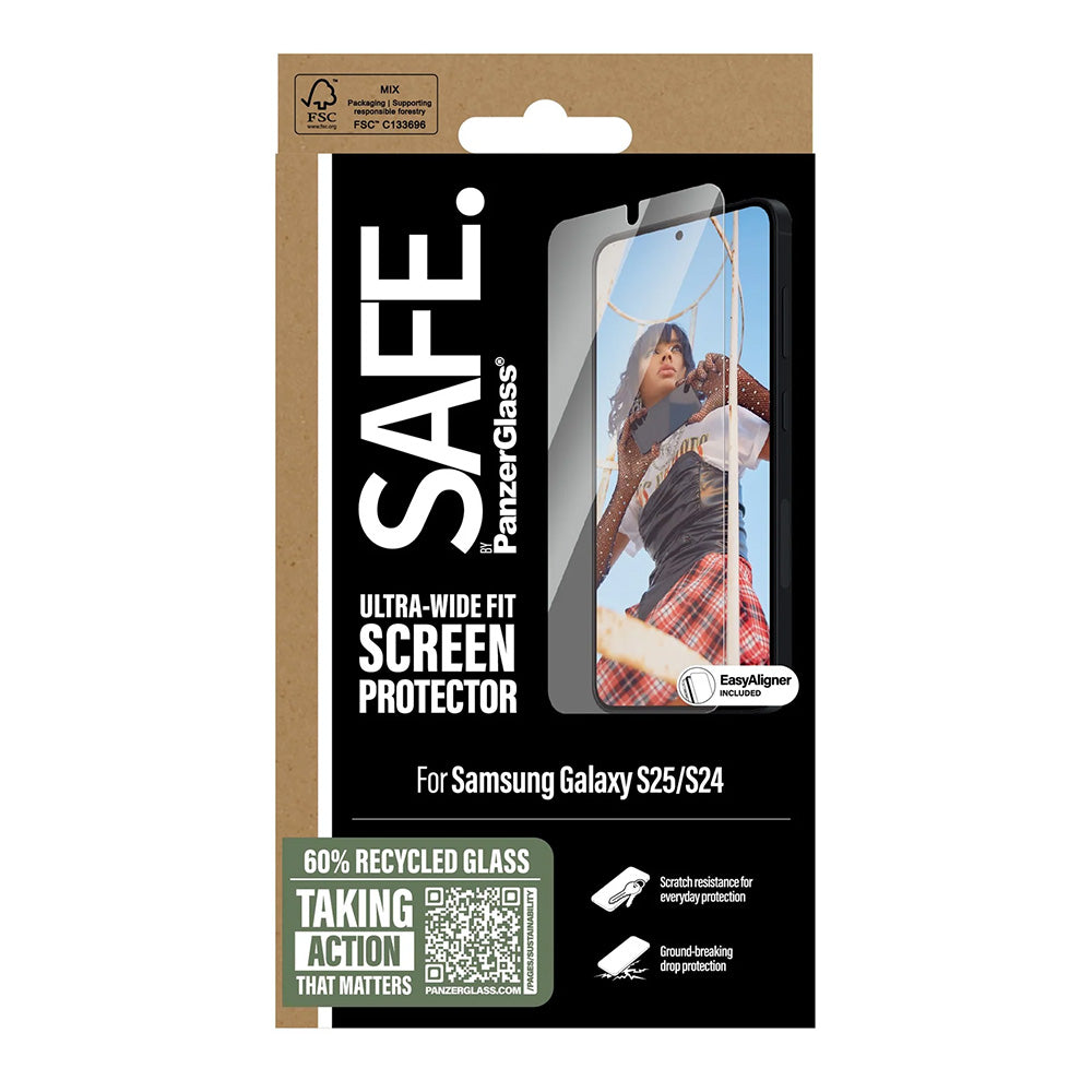 Zaščitna folija za zaslon PanzerGlass Safe. Ultra-Wide Fit EasyAligner za Samsung Galaxy S25 S931 / S24 S921, Kaljeno steklo, Polno lepljenje.