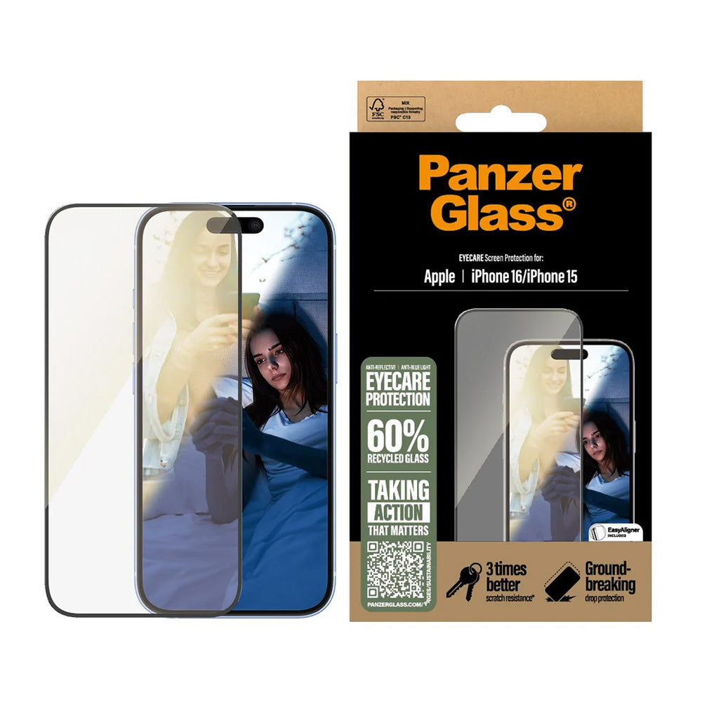 Zaščitna folija za zaslon PanzerGlass Ultra-Wide Fit EyeCare za Apple iPhone 16 / 15, Kaljeno steklo, Polno lepljenje, Črna