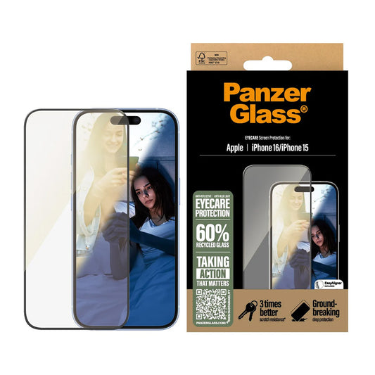 Zaščitna folija za zaslon PanzerGlass Ultra-Wide Fit EyeCare za Apple iPhone 16 / 15, Kaljeno steklo, Polno lepljenje, Črna