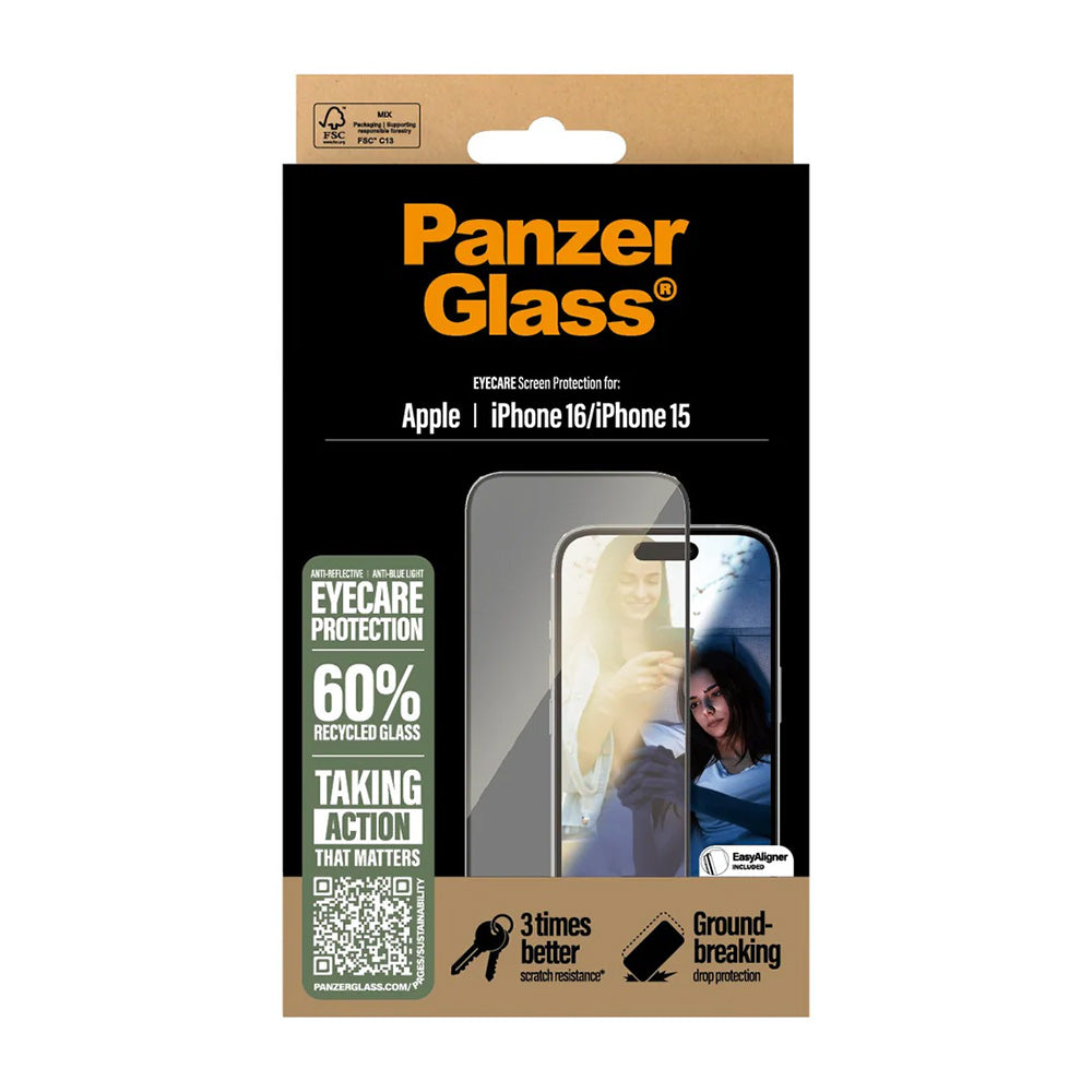 Zaščitna folija za zaslon PanzerGlass Ultra-Wide Fit EyeCare za Apple iPhone 16 / 15, Kaljeno steklo, Polno lepljenje, Črna