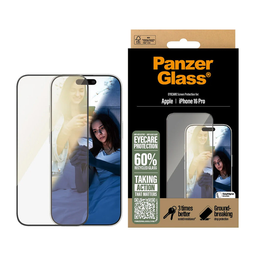Zaščitna folija za zaslon PanzerGlass Ultra-Wide Fit EyeCare za Apple iPhone 16 Pro, Kaljeno steklo, Polno lepljenje, Črna