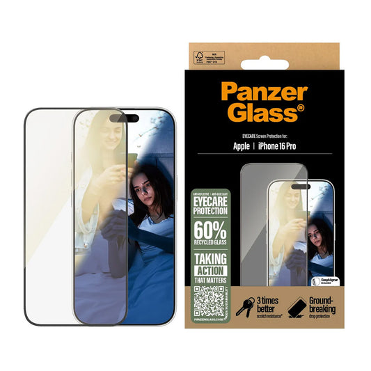 Zaščitna folija za zaslon PanzerGlass Ultra-Wide Fit EyeCare za Apple iPhone 16 Pro, Kaljeno steklo, Polno lepljenje, Črna