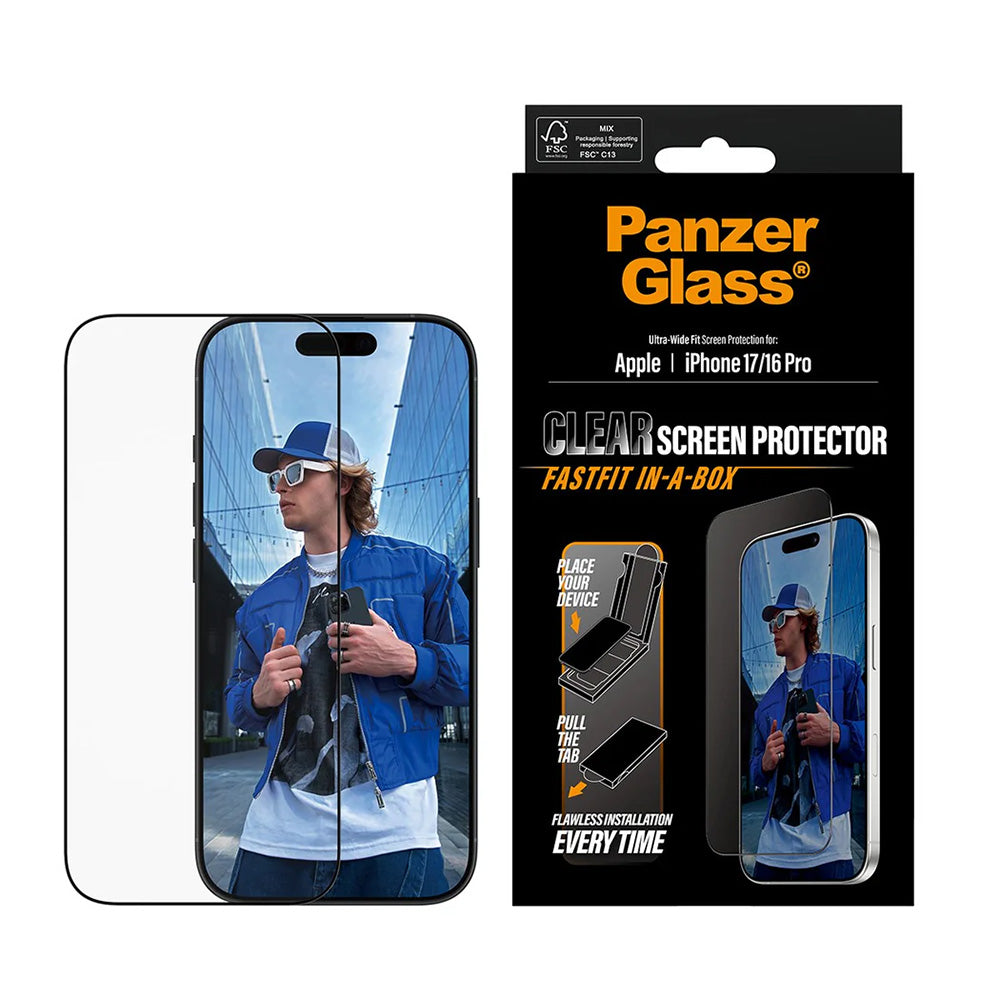 Zaščitna folija za zaslon PanzerGlass Ultra-Wide Fit Fastfit za Apple iPhone 17 / 16 Pro, Kaljeno steklo, Polno lepilo, Črna
