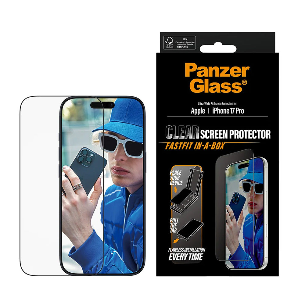 Zaščitna folija za zaslon PanzerGlass Ultra-Wide Fit Fastfit za Apple iPhone 17 Pro, Kaljeno steklo, Polno lepljenje, Črna