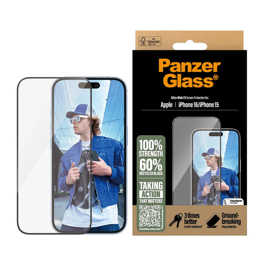 Zaščitna folija za zaslon PanzerGlass Ultra-Wide Fit za Apple iPhone 16 / 15, Kaljeno steklo, Polno lepljenje, Črna