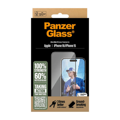 Zaščitna folija za zaslon PanzerGlass Ultra-Wide Fit za Apple iPhone 16 / 15, Kaljeno steklo, Polno lepljenje, Črna