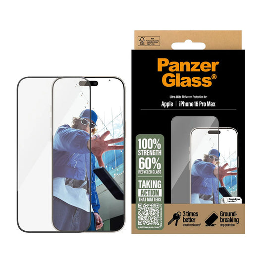 Zaščitna folija za zaslon PanzerGlass Ultra-Wide Fit za Apple iPhone 16 Pro Max, Kaljeno steklo, Polno lepljenje, Črna