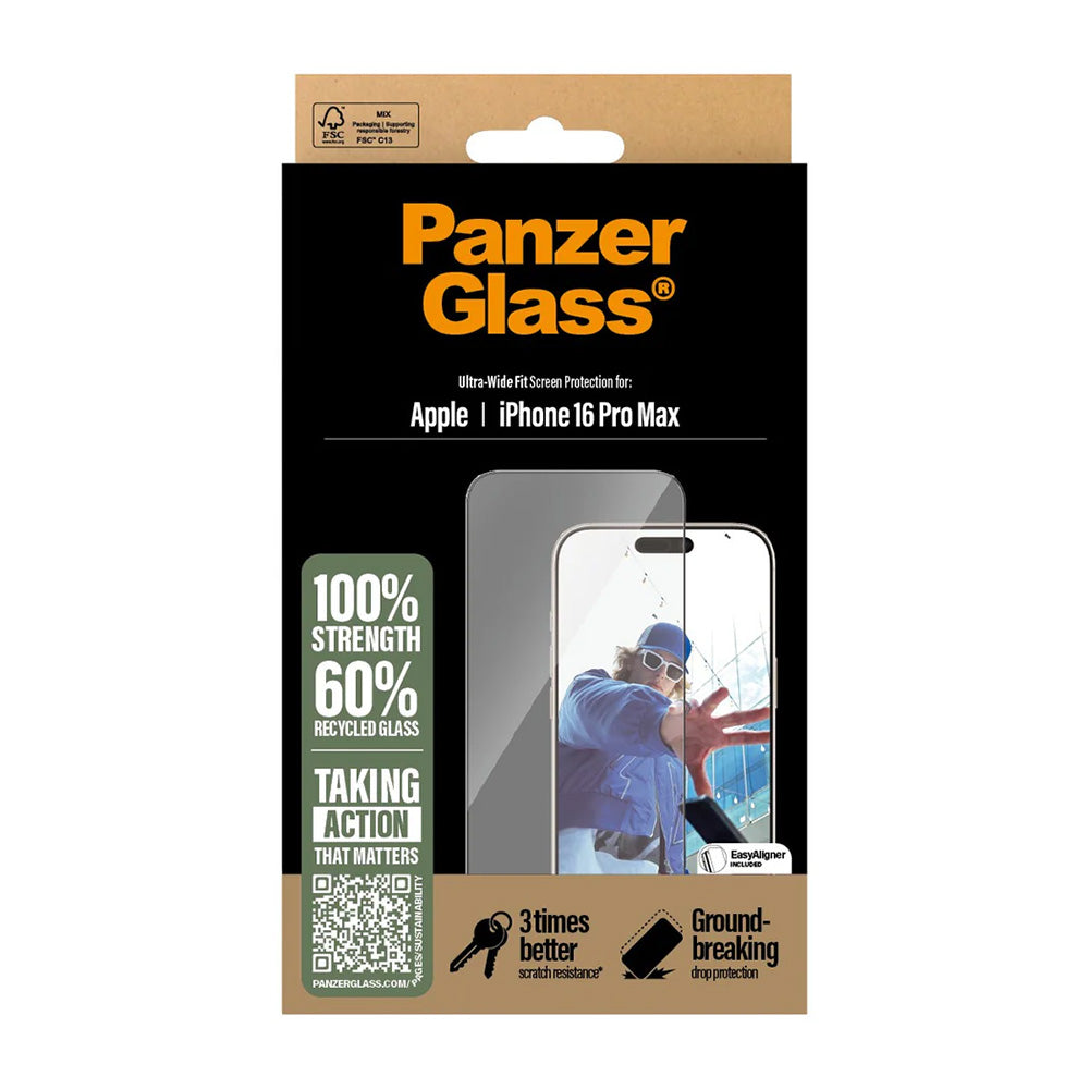 Zaščitna folija za zaslon PanzerGlass Ultra-Wide Fit za Apple iPhone 16 Pro Max, Kaljeno steklo, Polno lepljenje, Črna