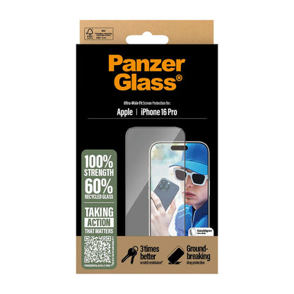 Zaščitna folija za zaslon PanzerGlass Ultra-Wide Fit za Apple iPhone 16 Pro, Kaljeno steklo, Polno lepilo, Črna