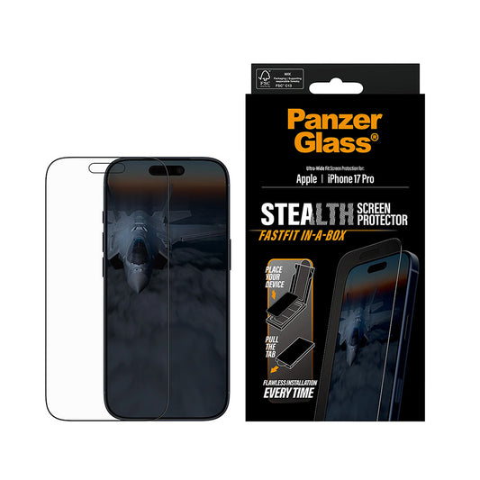 Zaščitna folija za zaslon PanzerGlass Ultra-Wide Fit Stealth Fastfit za Apple iPhone 17 Pro, Kaljeno steklo, Polno lepilo, Črna