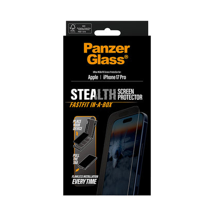 Zaščitna folija za zaslon PanzerGlass Ultra-Wide Fit Stealth Fastfit za Apple iPhone 17 Pro, Kaljeno steklo, Polno lepilo, Črna
